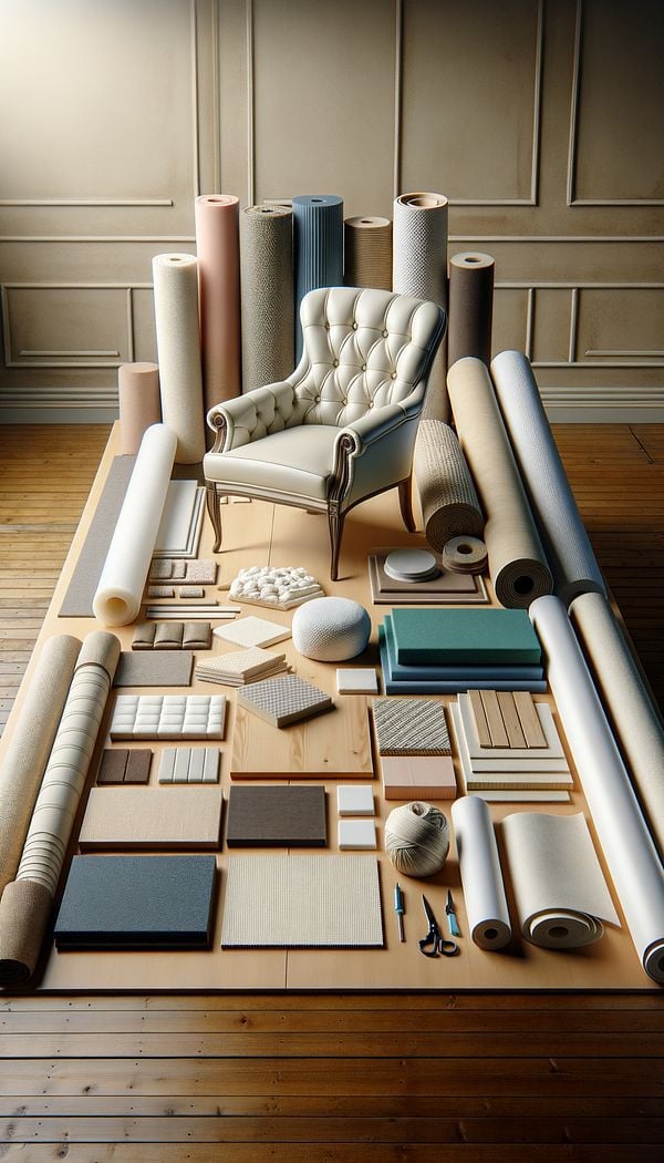 An array of different backing materials such as foam, fabric, and plywood, displayed on a table with a piece of furniture being upholstered in the background.