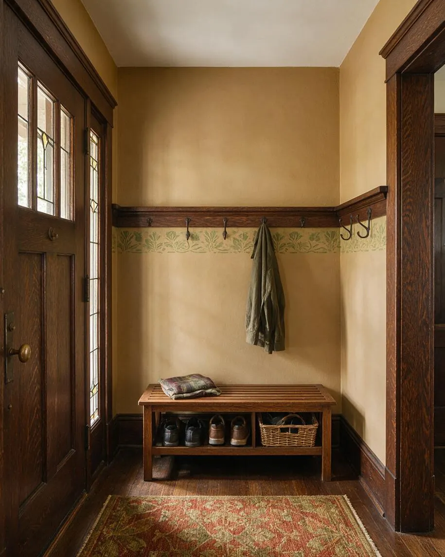 A narrow Craftsman-style entryway with dark wood trim, a paneled front door with leaded glass sidelights, and warm tan walls. A slatted wooden bench with shoe storage and a woven basket sits beneath wall hooks, with a patterned rug anchoring the floor.