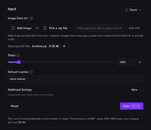 The image displays a user interface for uploading images and configuring settings for a training process.
