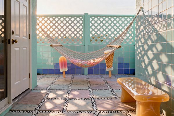 A small patio in pastel tones features a mint-painted lattice fence above glossy aqua tiles with a cobalt band. A cream rope hammock with wood spreader bars hangs across the space with candy-themed cushions resembling a popsicle and waffle cone; a glossy butterscotch bench sits to the right on square pastel pavers bordered by black-and-white pebble insets, while warm light casts lattice shadows over the tiles.