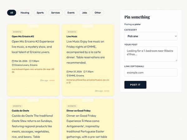 Screenshot of an Ericeira event listing and event details page on a local development environment.