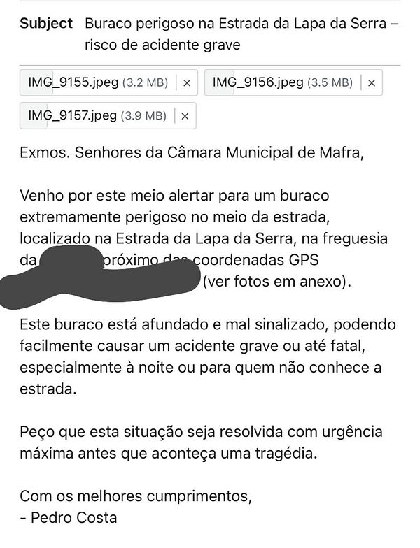 The image contains an email reporting a dangerous hole in the road.