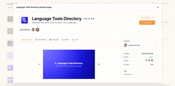 The image displays the product page for the Language Tools Directory on the Uneed platform.