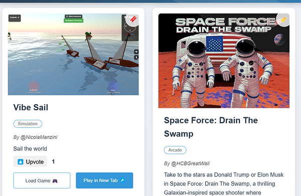 The image displays two game listings on a gaming platform, featuring 'Vibe Sail' and 'Space Force: Drain The Swamp'.