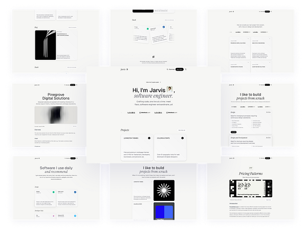 A collage of web design mockups showcasing a personal portfolio site for a software engineer named Jarvis.