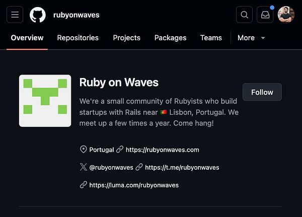 Screenshot of a GitHub organization named Ruby on Waves showing repositories and the interface.