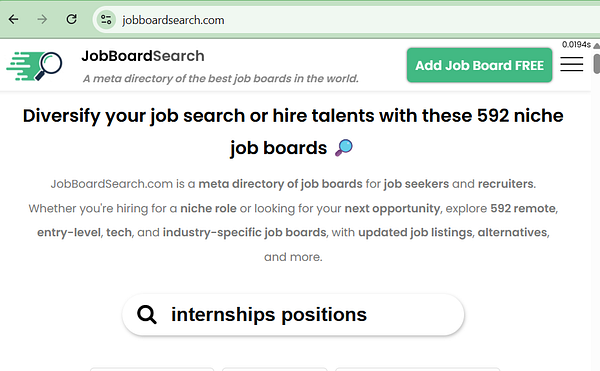 The image displays a webpage for JobBoardSearch, highlighting its services for job seekers and recruiters.
