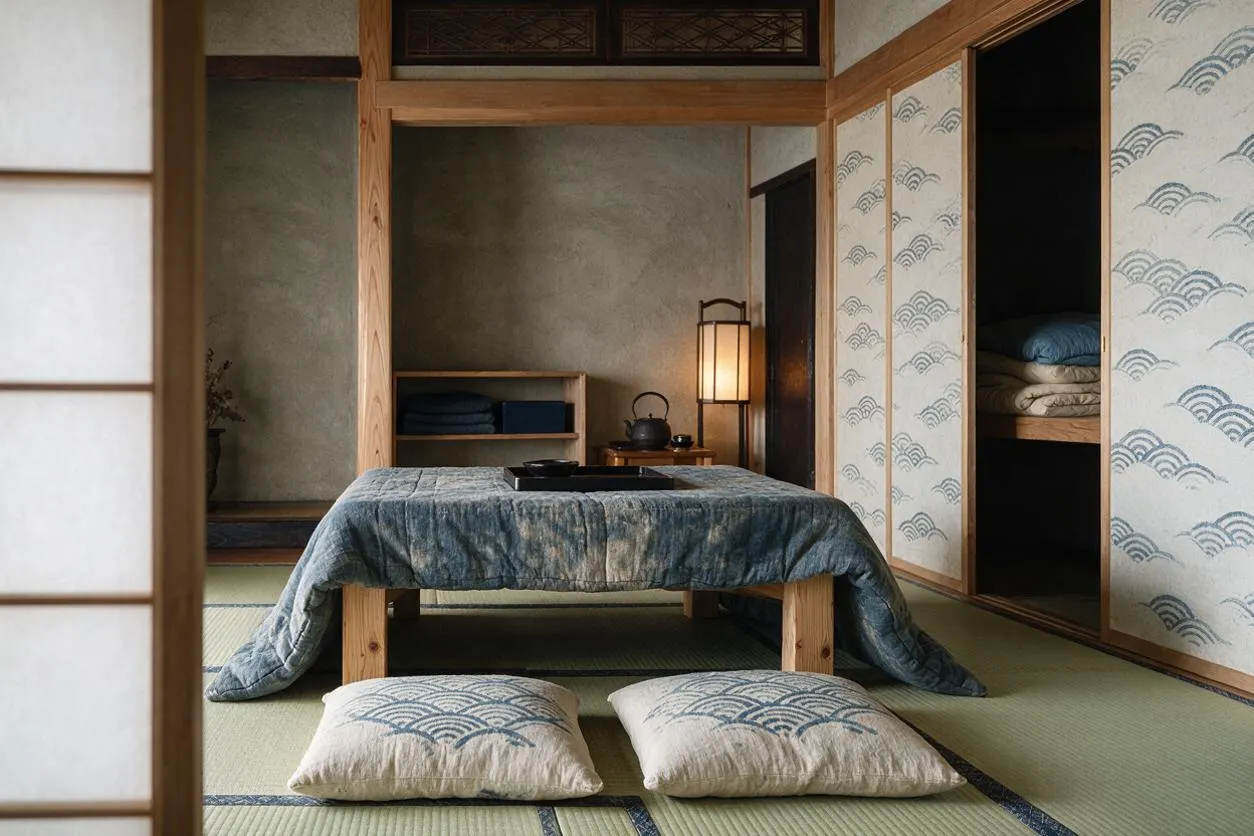A serene Japanese Zen room with tatami flooring, a low wooden table draped in indigo fabric, and two patterned floor cushions in front. Sliding shoji-style panels, built-in storage with folded bedding, and a soft lantern create a quiet, minimalist atmosphere.