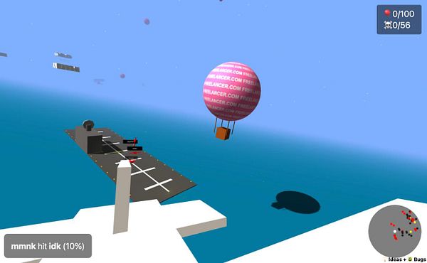 A colorful hot air balloon with 'freelancer.com' branding is flying over a stylized game environment.