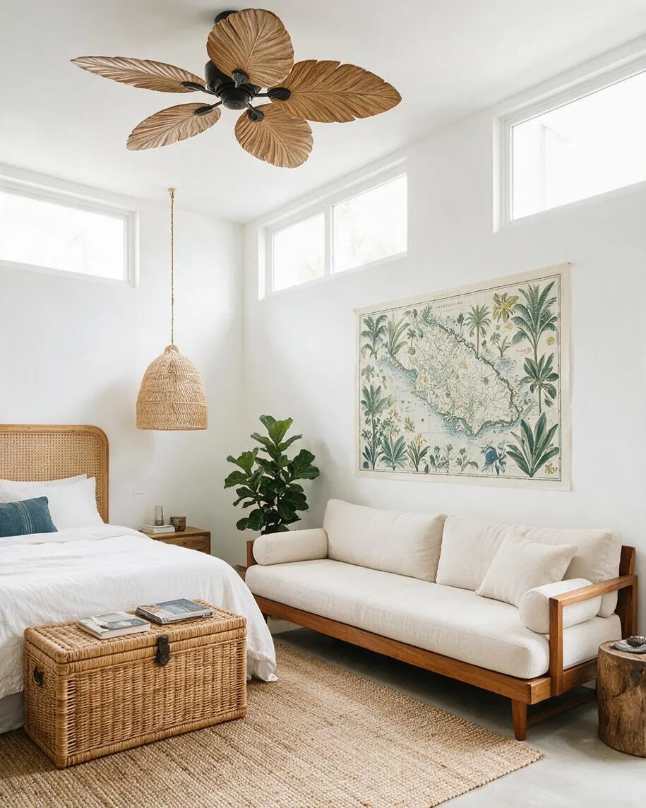 A bright studio apartment combines sleeping and lounging areas with a rattan headboard bed, a cream sofa with wood arms, and a woven pendant light. Tropical details include a palm-leaf ceiling fan, a botanical wall map, a leafy potted plant, and natural textures throughout.