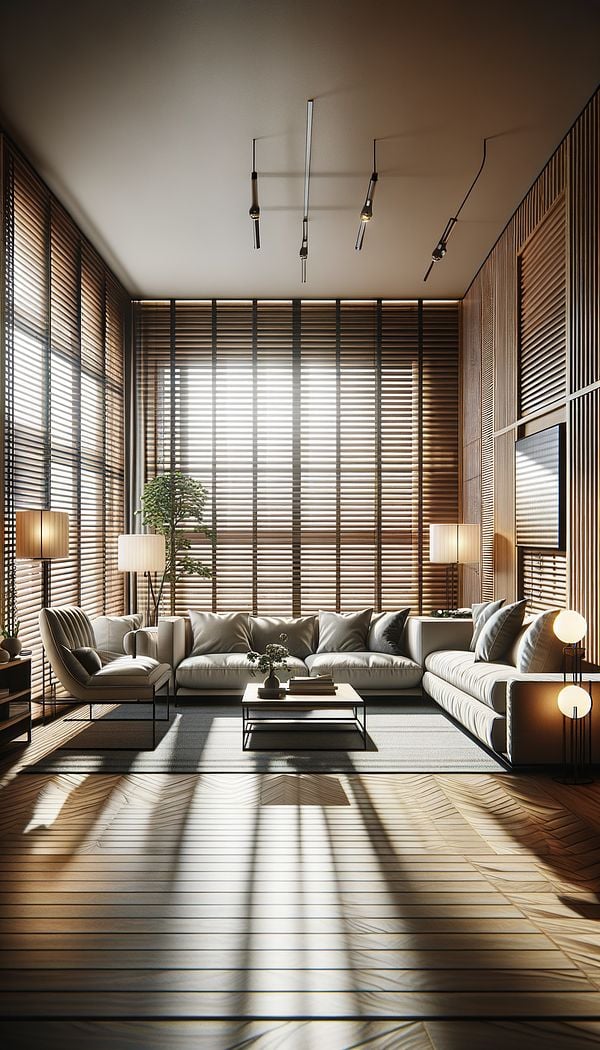 A stylish interior living room with large windows covered with modern, wooden blinds, allowing soft, filtered light to illuminate the space.