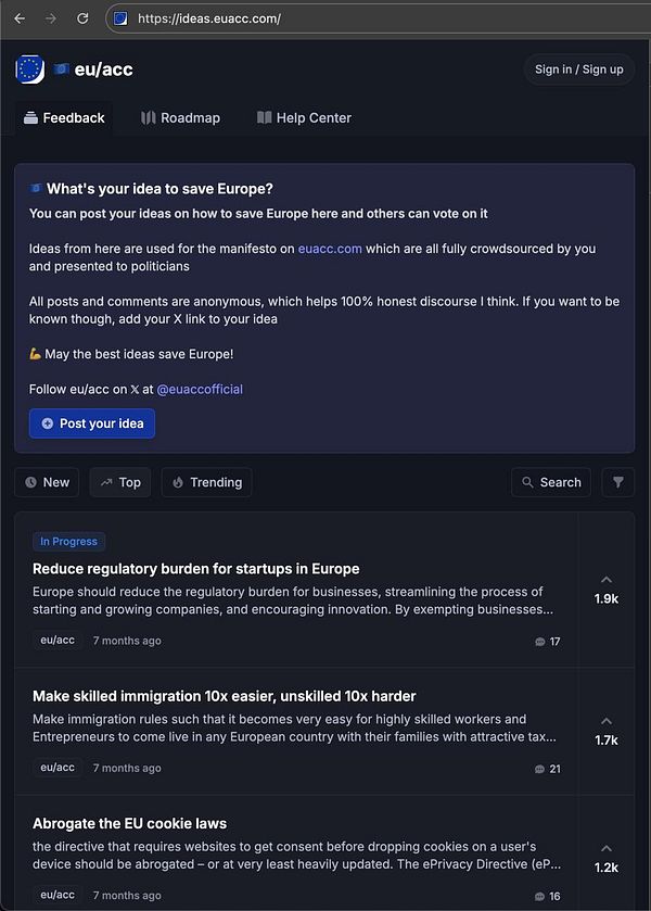 The image displays a webpage for the EU ACC platform where users can submit and vote on ideas to improve Europe.
