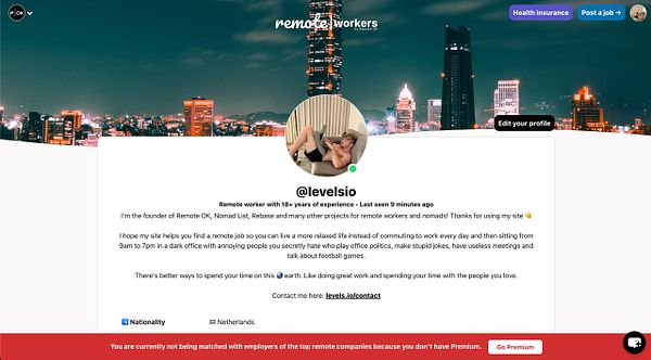 Mobile app screen showing a user profile with a notice about the necessity of Premium for matching.