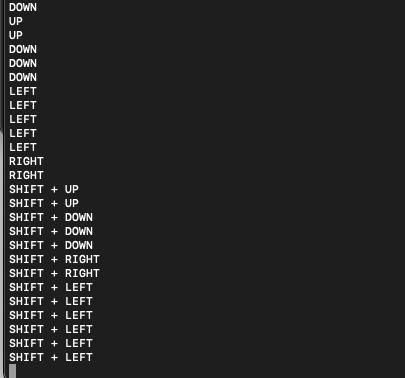 The image displays a terminal output showing navigation button inputs for an STM32 programming task.