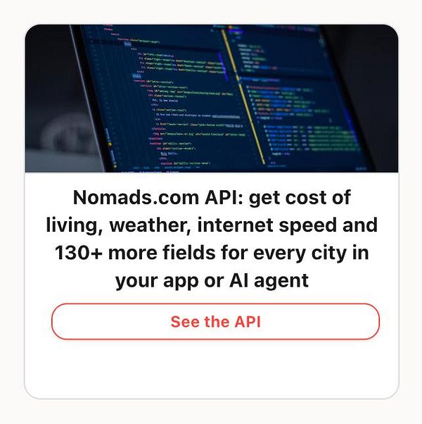 Advertisement for Nomads.com API offering extensive city data for apps or AI agents.