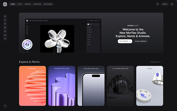 The image displays the interface of the Morflax Studio homepage, showcasing various design categories and a featured visual element.