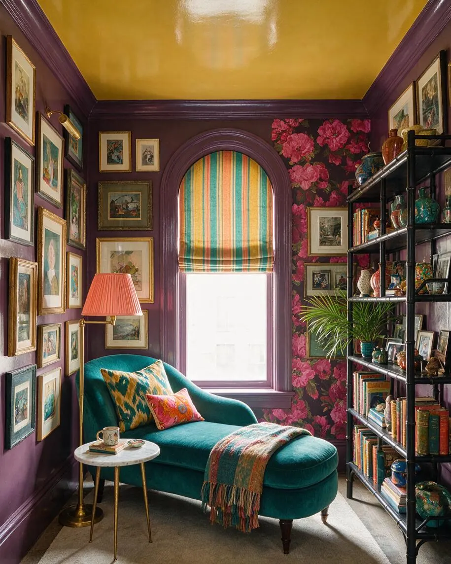 A narrow sunroom with deep purple walls and a glossy mustard-yellow ceiling, centered on an arched window with a striped Roman shade. The room features a teal chaise lounge with patterned pillows, a small round marble-topped table, framed artwork covering the walls, floral wallpaper accents, and a black metal shelving unit filled with books and decorative objects.