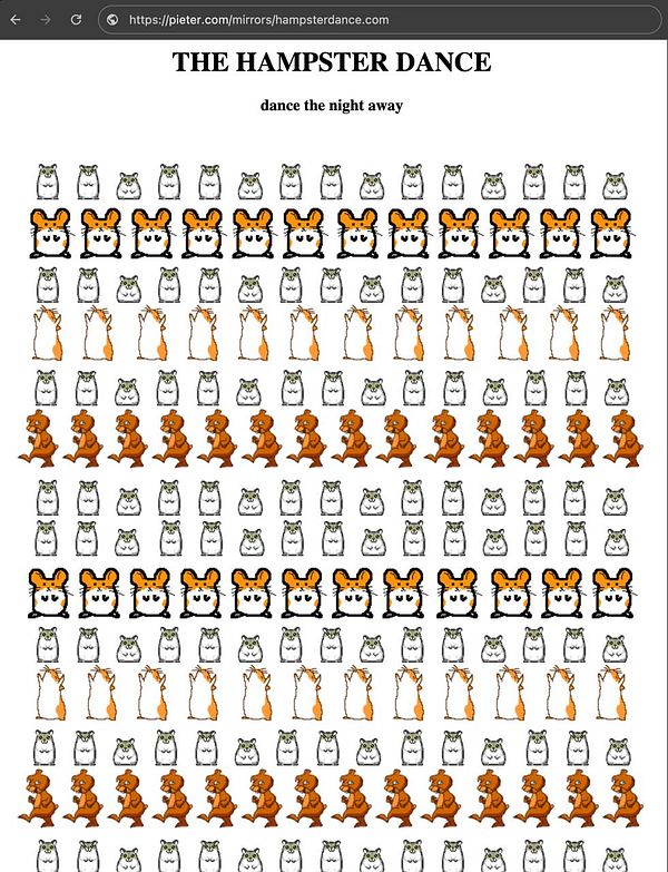 A colorful grid of animated hamsters and other characters celebrating the Hampster Dance.