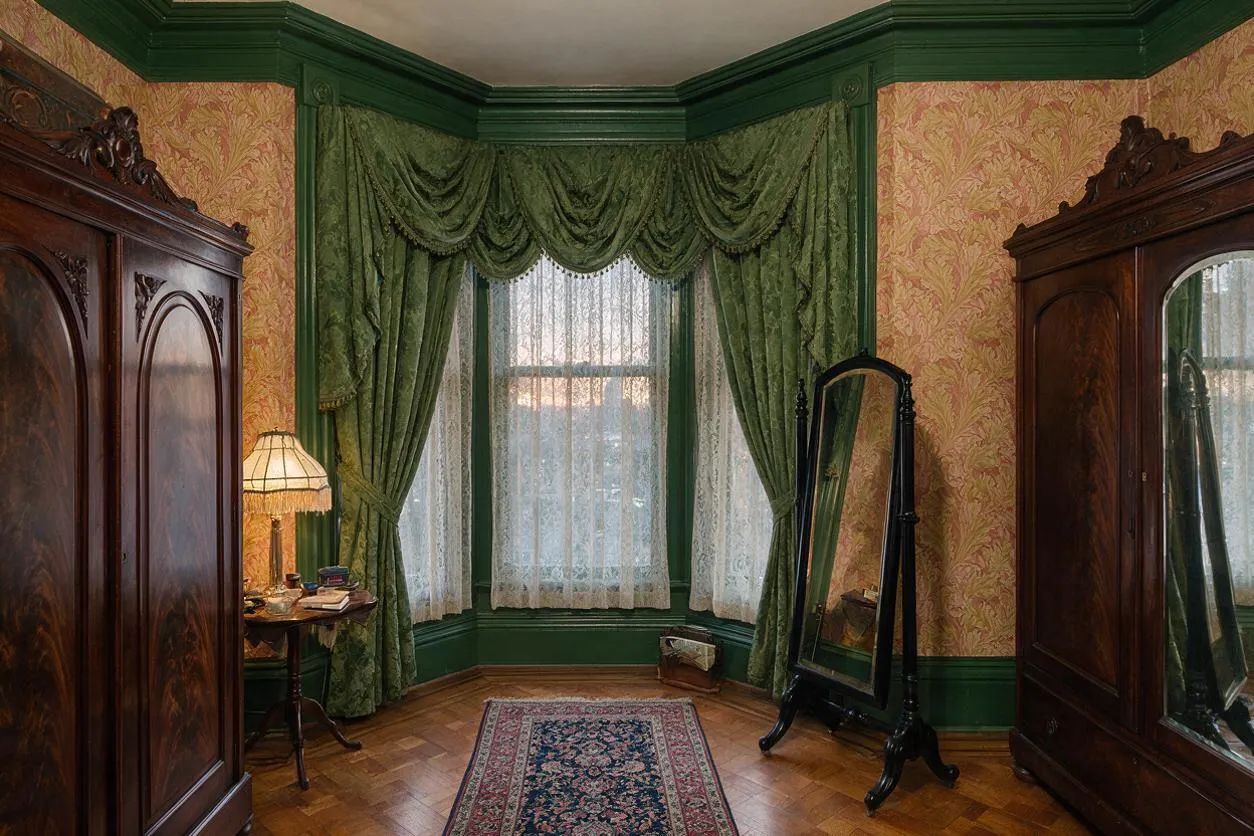A Victorian-style closet room with dark carved wooden wardrobes on both sides, a tall freestanding mirror, and a bay window dressed in layered green curtains and lace sheers. The room has patterned wallpaper, deep green trim, a small side table with a lamp, a narrow oriental rug, and a polished wood floor.