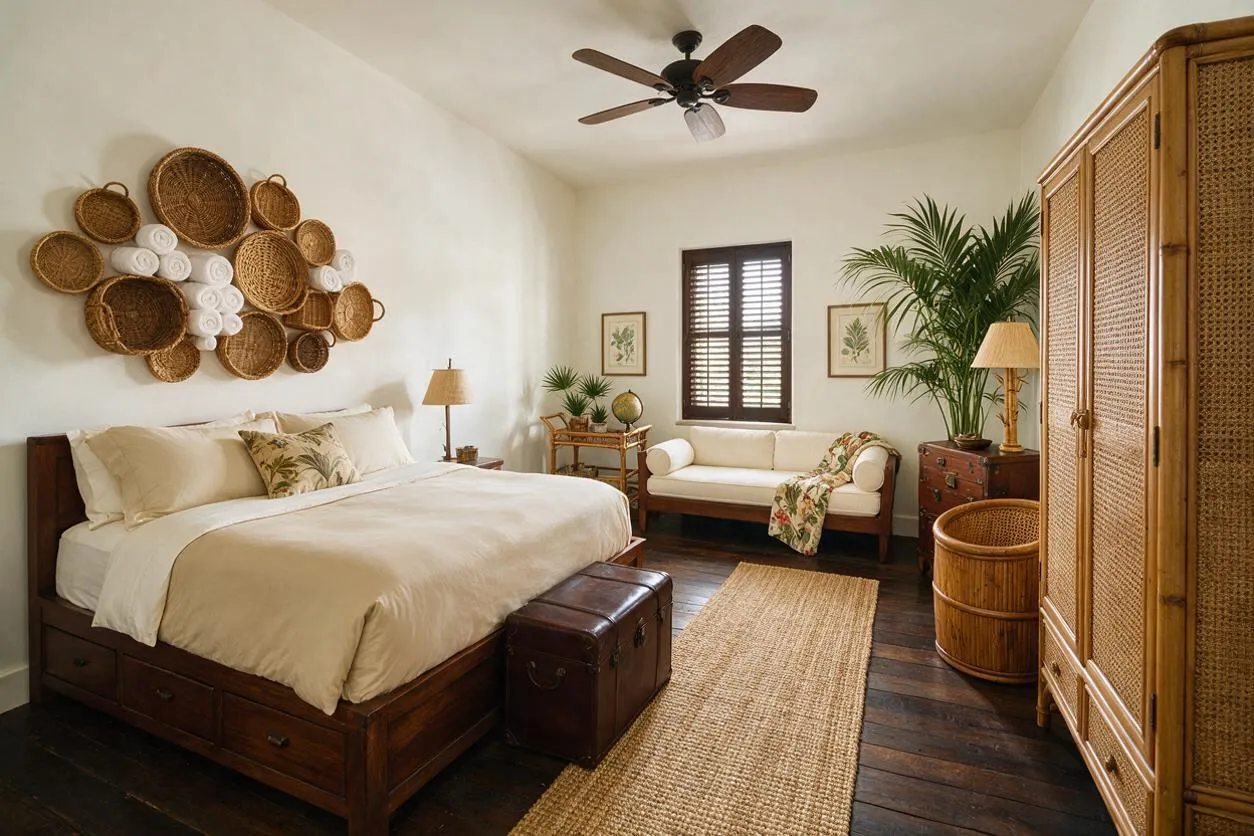 A tropical-style guest bedroom with a dark wood bed, cream bedding, and a wall display of woven baskets above the headboard. The room includes a rattan wardrobe, a cane bench, indoor palms, dark wood floors, and light neutral walls with natural woven textures throughout.