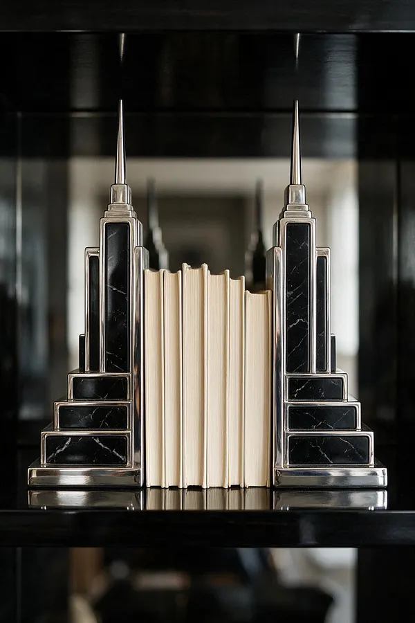A pair of symmetrical Art Deco bookends on a glossy black shelf, each shaped like a stepped skyscraper with tall pointed spires. The bookends have black stone-like panels with silver metallic trim, framing a row of cream-colored books in the center.