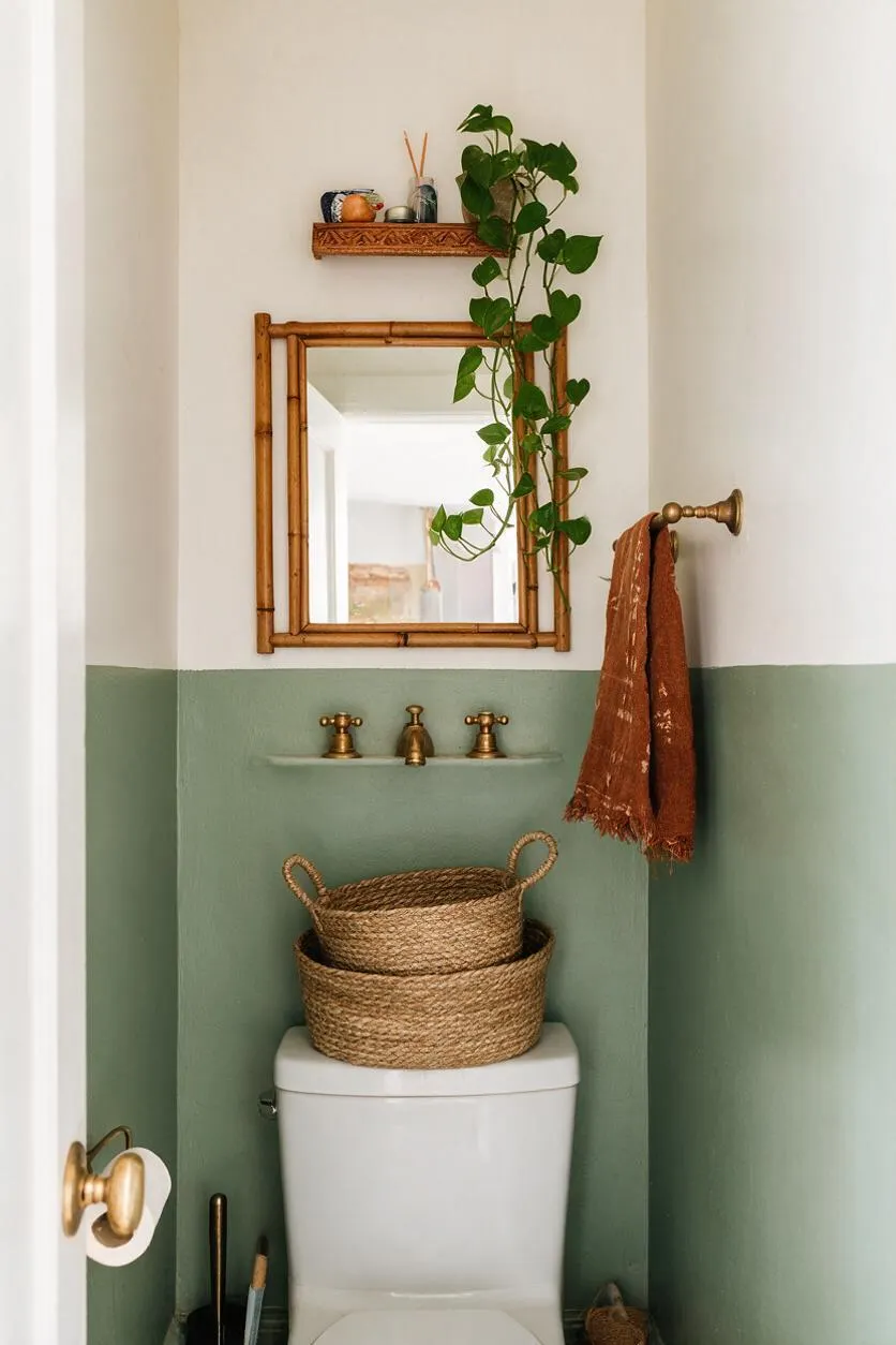 A small powder room with a half-painted sage green and white wall, a bamboo-framed mirror, brass fixtures, and a trailing green plant. A woven basket sits on the toilet, with a rust-colored towel hanging from a brass hook and a tiny shelf holding decor above the mirror.
