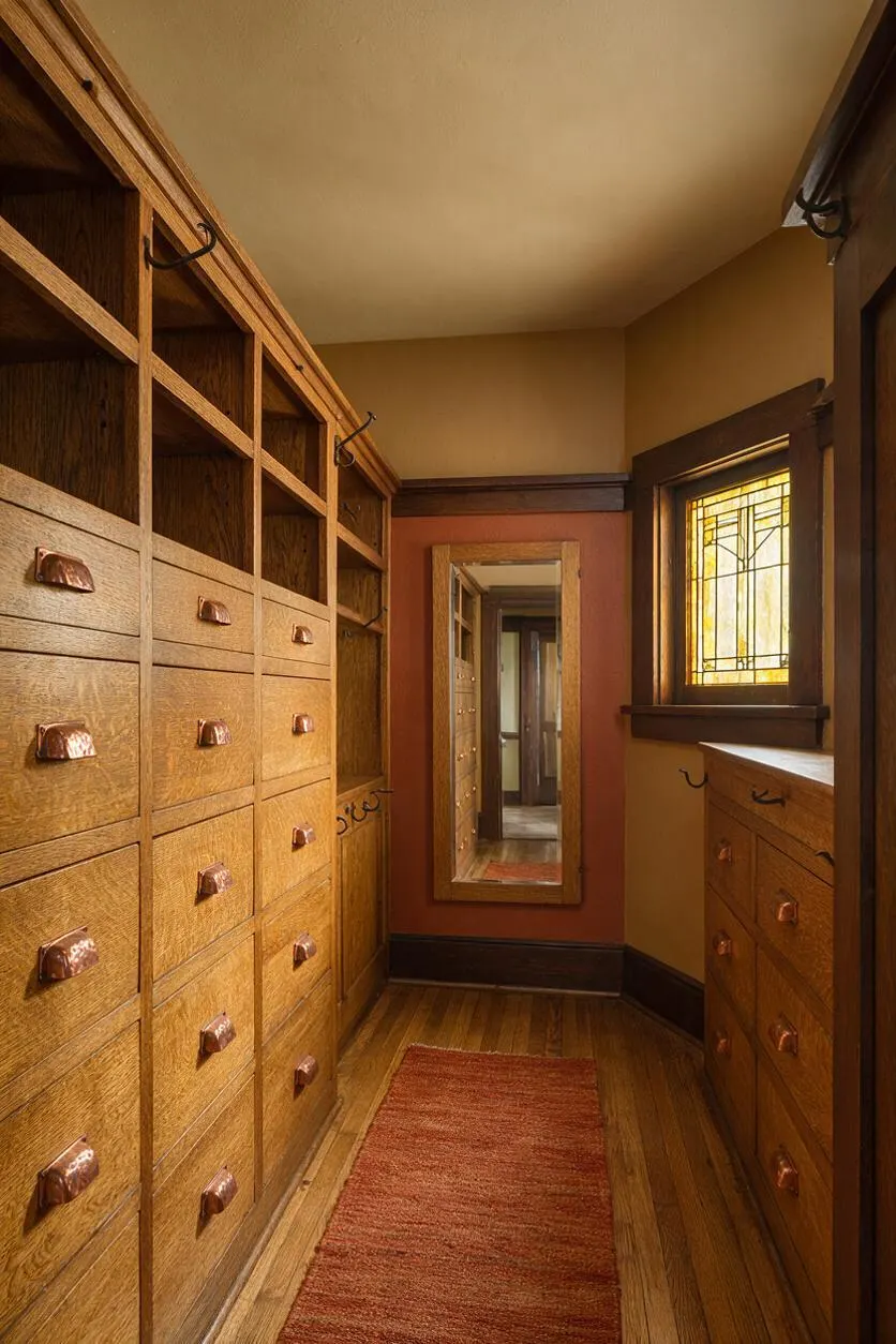 A narrow Craftsman-style closet with floor-to-ceiling oak built-ins on both sides, featuring open cubbies, drawers with hammered copper pulls, and black metal hooks. A stained-glass window brings in warm light above a red runner rug and wood plank floor, with a large wall mirror at the far end.
