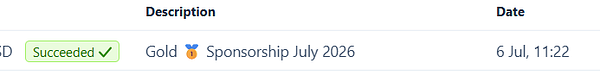Screenshot of an email inbox with a highlighted email about gold sponsorship renewal for the 10th consecutive month.