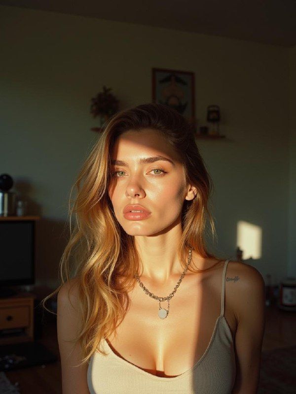 A woman with long, wavy hair poses in soft, natural light, highlighting her features and a necklace.