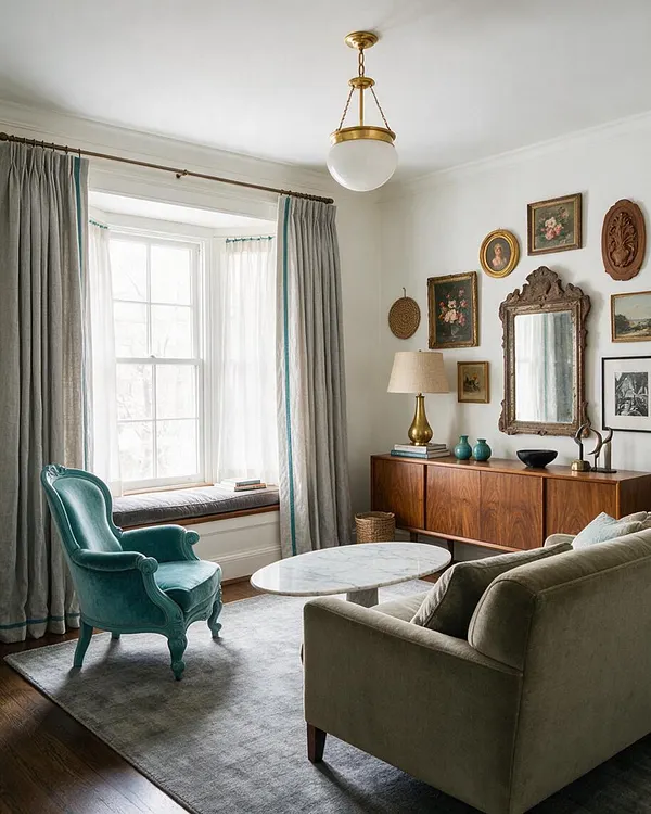 A light-filled eclectic living room with tall gray curtains framing a window seat, a teal velvet accent chair, an olive-green sofa, and a marble coffee table on a pale rug. The wall features a gallery of vintage paintings and mirrors above a walnut sideboard with brass and ceramic decor.