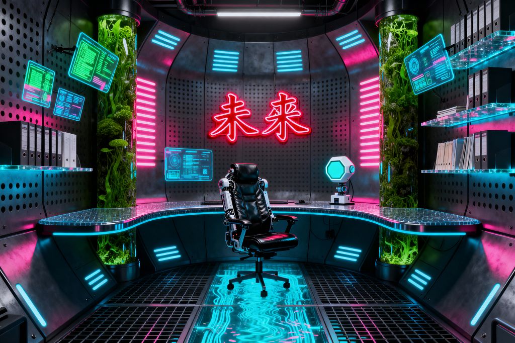 Futuristic home office with a curved glass desk edged in cyan LEDs, set against perforated gunmetal walls and a red neon sign with characters reading “future.” A black leather, high-back chair faces transparent holographic screens, with acrylic shelves of binders on the right. Cylindrical glass columns filled with live greenery flank the desk, while an aqua-lit floor grate and magenta wall strips cast dramatic, high-contrast neon light.