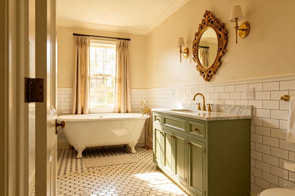Traditional bathroom featuring a white clawfoot tub under a sunlit window with beige linen curtains, opposite a sage green vanity topped with white-gray marble. White subway tile wainscoting surrounds the room above a black-and-white hexagon mosaic floor, with brass fixtures, an ornate gilded oval mirror, and twin wall sconces with pleated shades adding warm light against cream-painted walls and crown molding.