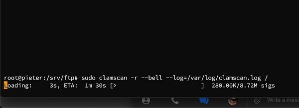 A terminal window displaying a ClamAV virus scan in progress.