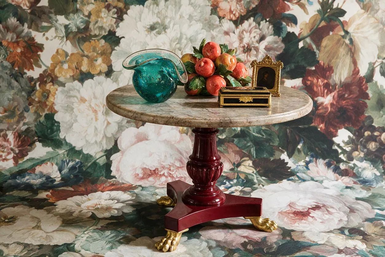 A small round pedestal table with a light marble top and glossy deep red carved base sits on a matching floral carpet or wallpaper backdrop. The tabletop is styled with a turquoise glass pitcher, a cluster of red decorative fruit, and two small ornate gold-framed objects, creating a rich, layered maximalist composition.
