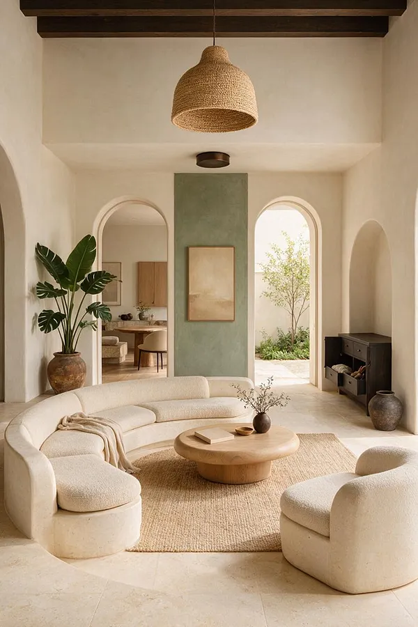 A serene organic modern patio with cream plaster walls, arched doorways, and a woven pendant light hanging above a curved bouclé sofa. A round wood coffee table sits on a jute rug, with natural pottery, a tall plant, and soft neutral finishes throughout.