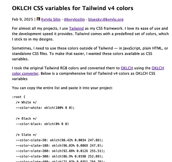 The image displays a blog post about converting Tailwind v4 colors to OKLCH CSS variables.