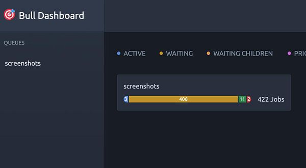 The image displays the Bull Dashboard interface showing the status of the 'screenshots' queue.