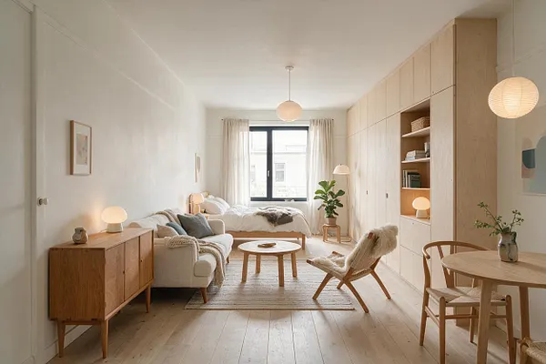 A bright Scandinavian-style studio apartment with a bed by the window, a cream sofa, a round wood coffee table, and a small dining area in the foreground. Pale wood built-in storage, sheer curtains, woven textiles, and soft paper pendant lights create a calm, airy atmosphere.