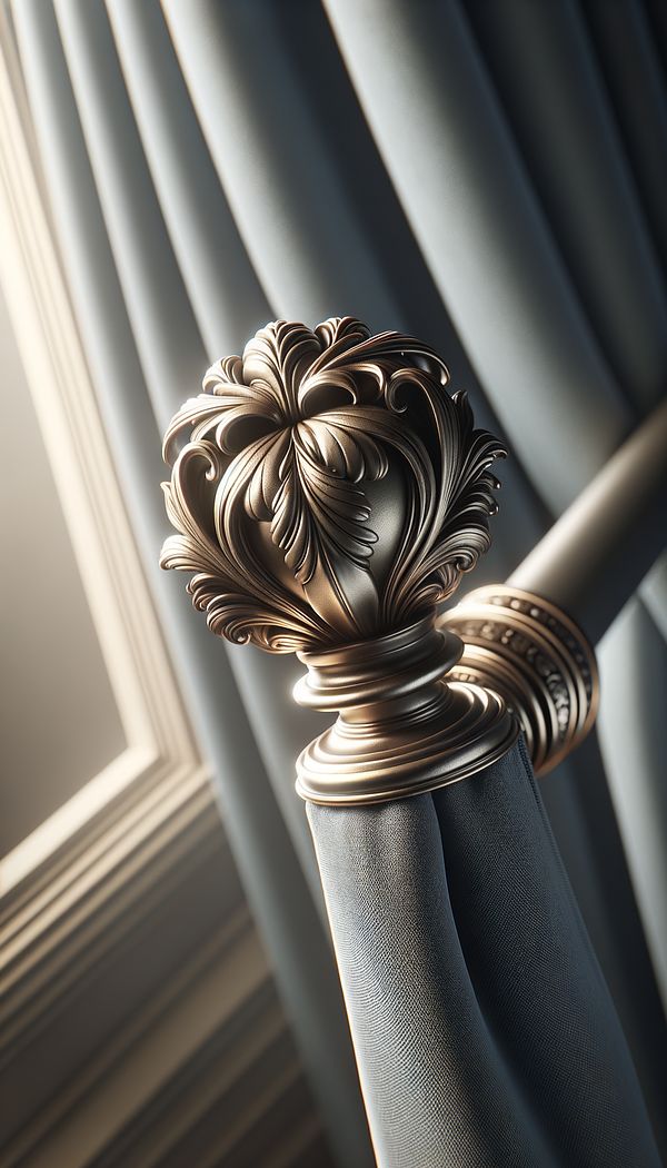 A close-up of a decorative finial atop a curtain rod, with intricate details visible against a softly lit backdrop.