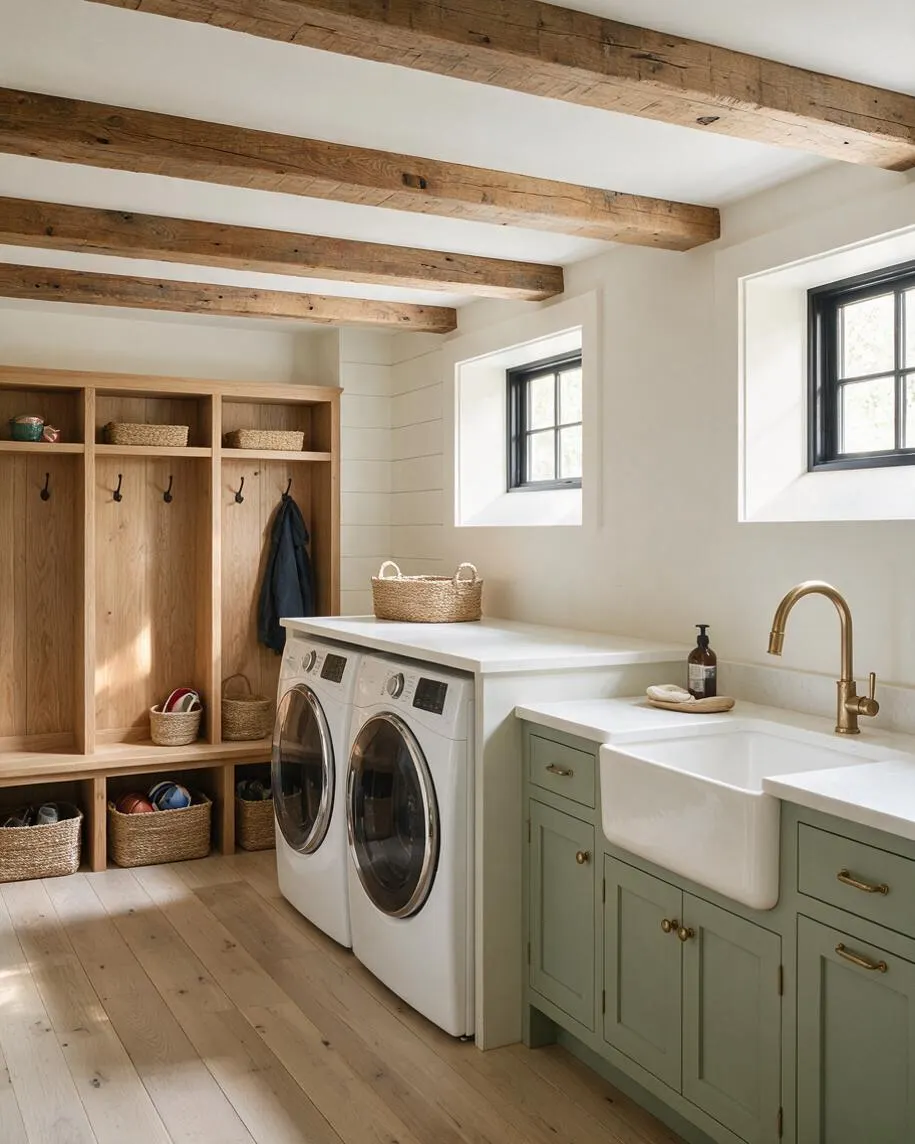 A bright farmhouse-style basement laundry room with exposed wood ceiling beams, white walls, and light wood floors. The space includes a pair of front-load washer and dryer units, a pale green sink cabinet with a white apron-front sink, brass faucet, and built-in wooden cubbies with woven baskets and hooks for storage.