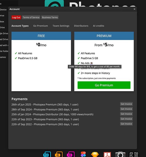 The image displays the account management interface for Photopea, highlighting subscription options and payment history.