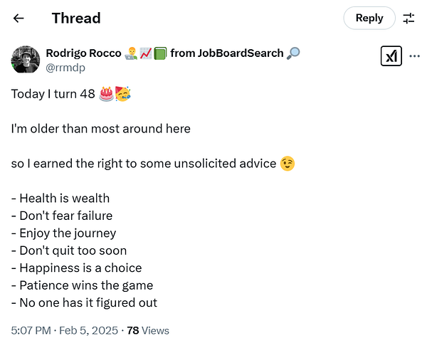 A Twitter post celebrating a 48th birthday with unsolicited advice.