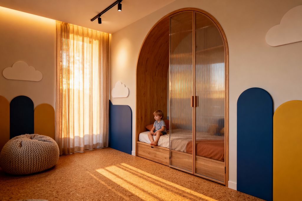 A contemporary children’s room features an arched, wood-clad sleeping nook enclosed by reeded glass sliding doors with wood pulls, warm white walls with rounded deep blue and mustard panels and cloud accents, beige linen sheers washing cork flooring with golden light, a chunky knit pouf, and a black ceiling track light. A child sits on the bed made with rust and white bedding.