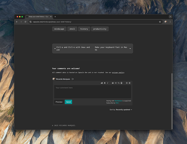 A comment section on a personal website titled 'Keep your shell history' with a dark theme interface.