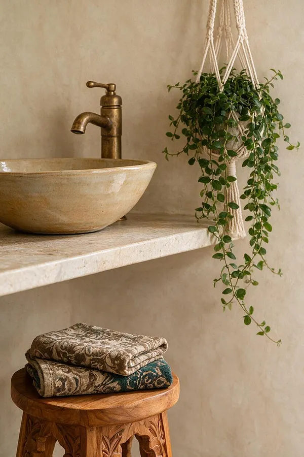 A bohemian bathroom vignette with a beige stone vessel sink on a pale shelf, paired with an aged brass faucet. A trailing green plant hangs in a macramé holder beside the sink, and folded patterned textiles sit on a carved wooden stool below against a warm plaster wall.