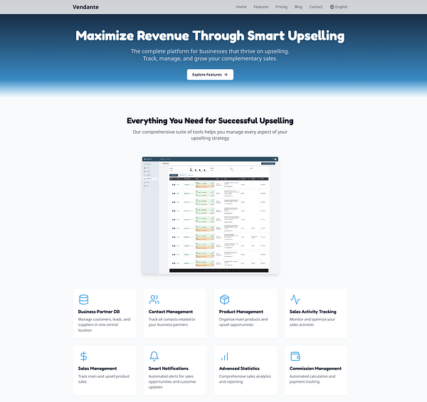 The image displays a landing page for Vendante, focusing on upselling solutions.