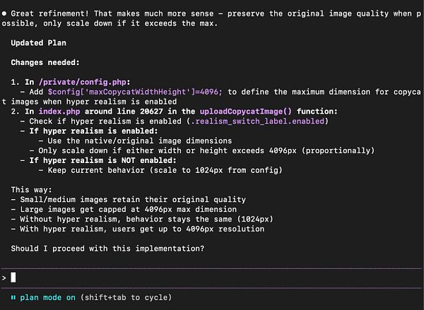 The image displays a code snippet and a plan for implementing changes to image resolution handling in a software project.