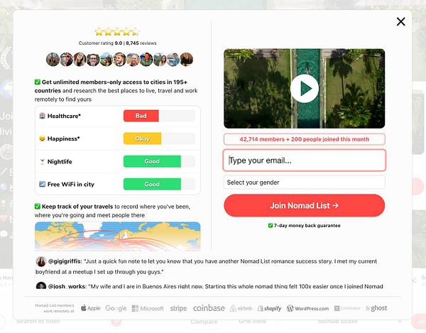 An A/B/C/D test layout for an app's benefits in the hero section and sign up modal displayed on four smartphones.