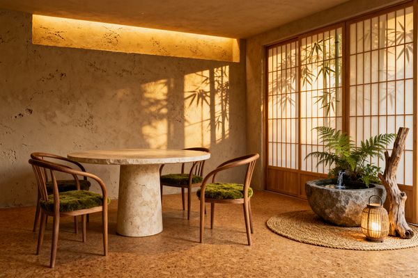 An intimate dining room features a round travertine pedestal table with four curved wooden chairs upholstered in moss-green seats on cork flooring. Warm cove lighting and daylight through large shoji screens cast bamboo shadows across a textured plaster wall. A low stone water fountain with ferns sits on a braided jute rug beside a rattan lantern and a sculptural branch, adding movement, texture, and a natural focal point.