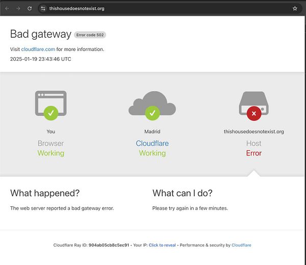 The image displays a Cloudflare error page indicating a 502 Bad Gateway error for the website 'thishousedoesnotexist.org'.
